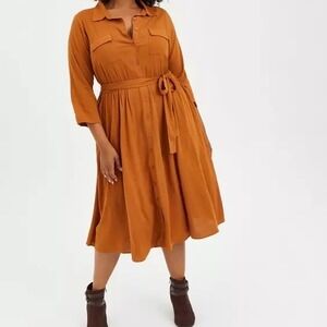 Torrid‎ Plus Size 4X Button Front Belted Shirt Dress With Pockets Caramel Brown